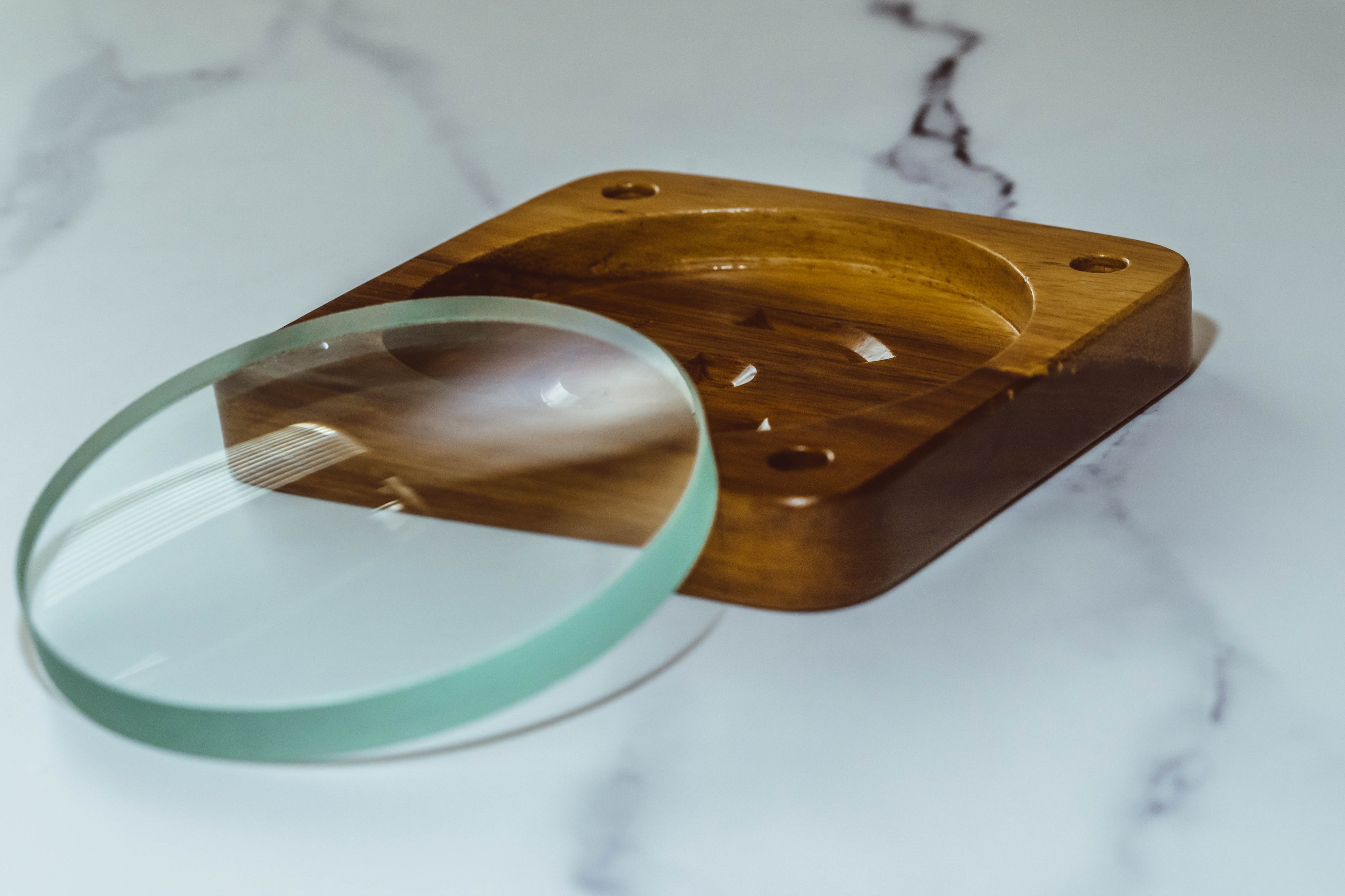 Spinning Base - Teak Wood with Glass Concave Lens - Bruce Charles Designs